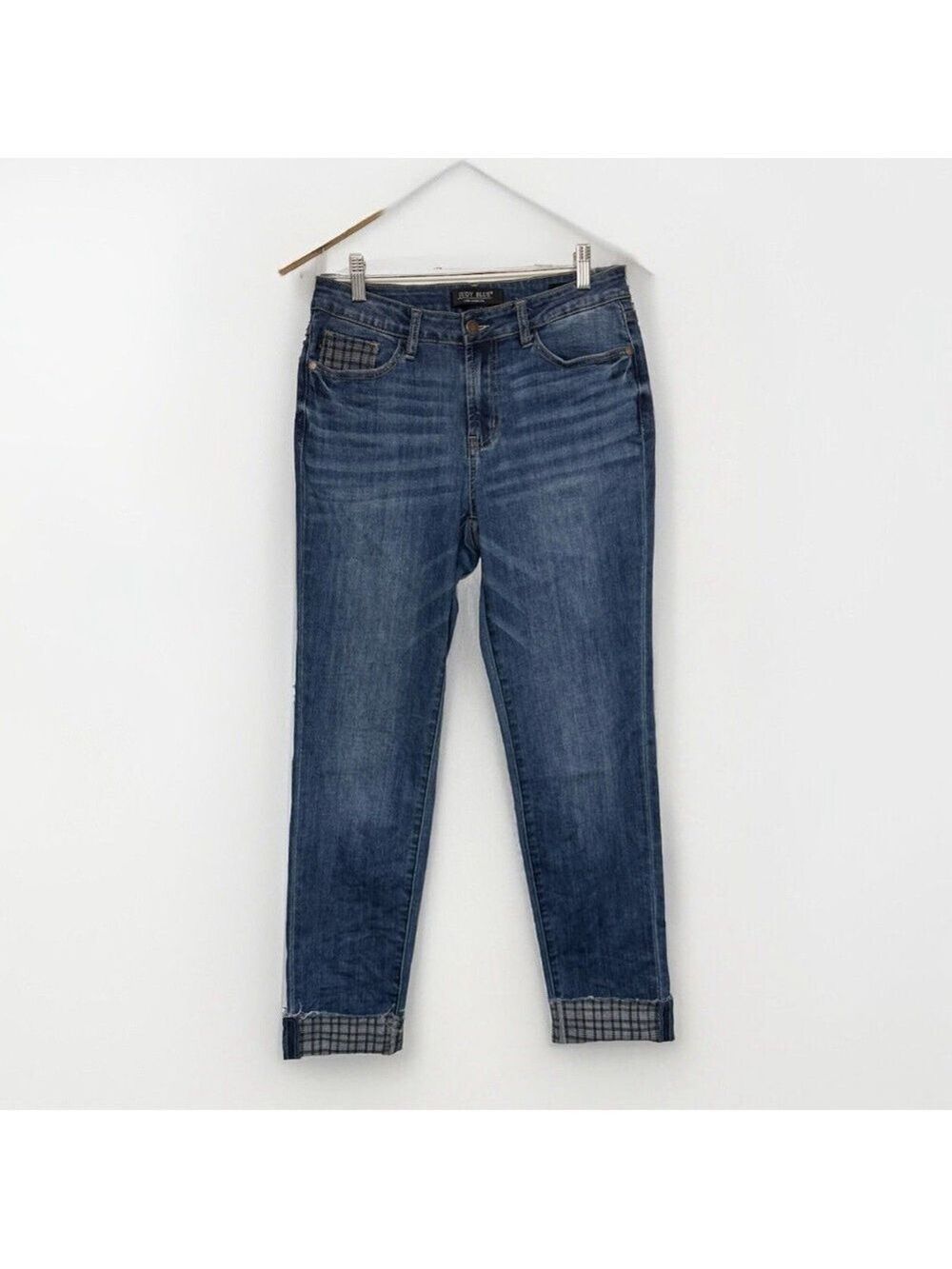 Judy Blue Jeans Womens 5/27 Plaid Print Cuff Slim Fit Medium Blue Stretch Denim